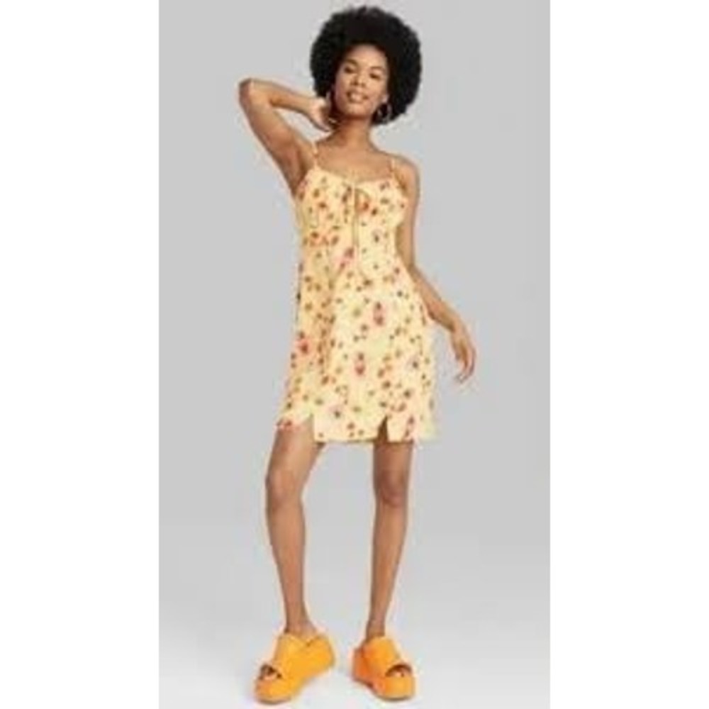 Wild Fable Yellow Floral Ruched Linen Blend Mini Sundress, XL